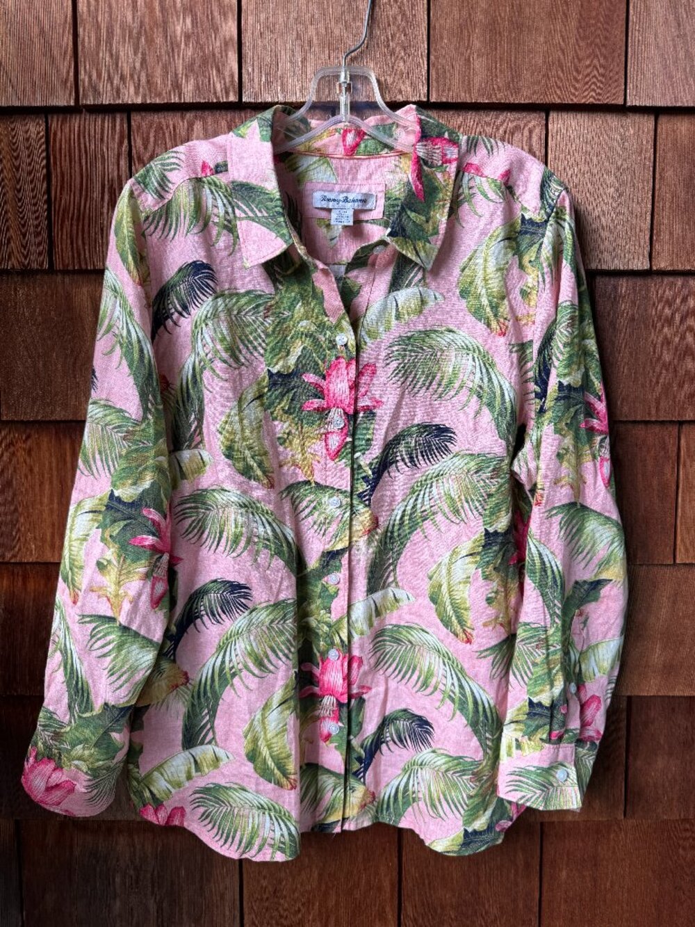 Tommy Bahama Pink Tropical Print Linen Long Sleeve Relaxed Shirt - Women's Large